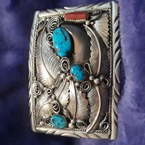 Sterling silver turquoise & coral belt buckle